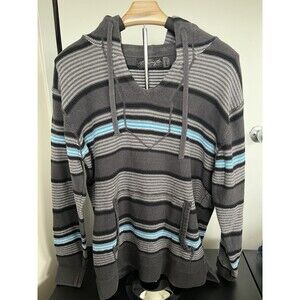 Retrofit Men's Knit Pullover Hoodie Sweater Gray Blue Striped Size Large